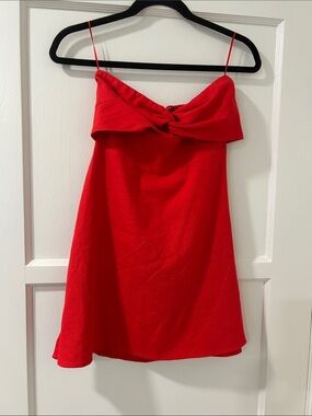 Red Twist Front Strapless Linen Dress